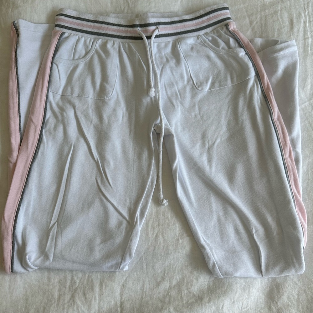 White & Pink Women's Track Joggers with Stripe Waistband